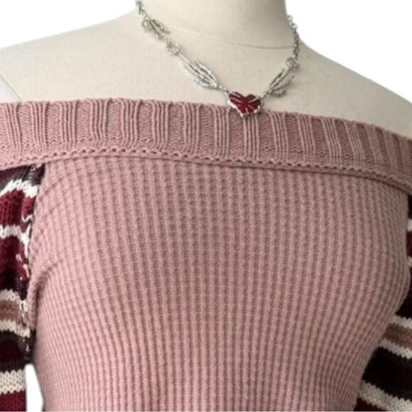 Altar'd State Pink Off Shoulder Sweater Striped Sleeves Waffle Knit SZ Small - Picture 2 of 5